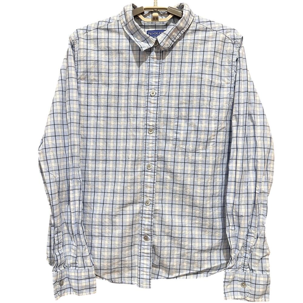 Pendleton Womens Top XL Blue White Plaid Button Up Long Sleeve 100% Cotton STAIN